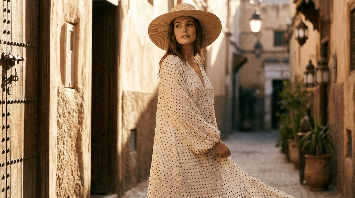 UNICOTEXTEIS · a flowing polka-dot crinkle dress in golden evening light, Lisboa